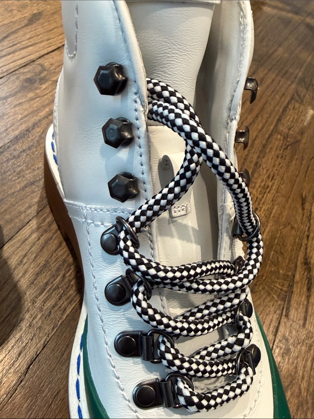 Prada White Leather Lace-Up Boots with Green Toe - Picture 11 of 16